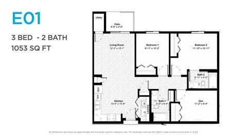 Floor plan for 3 beds, 2 baths, 1047 sqft